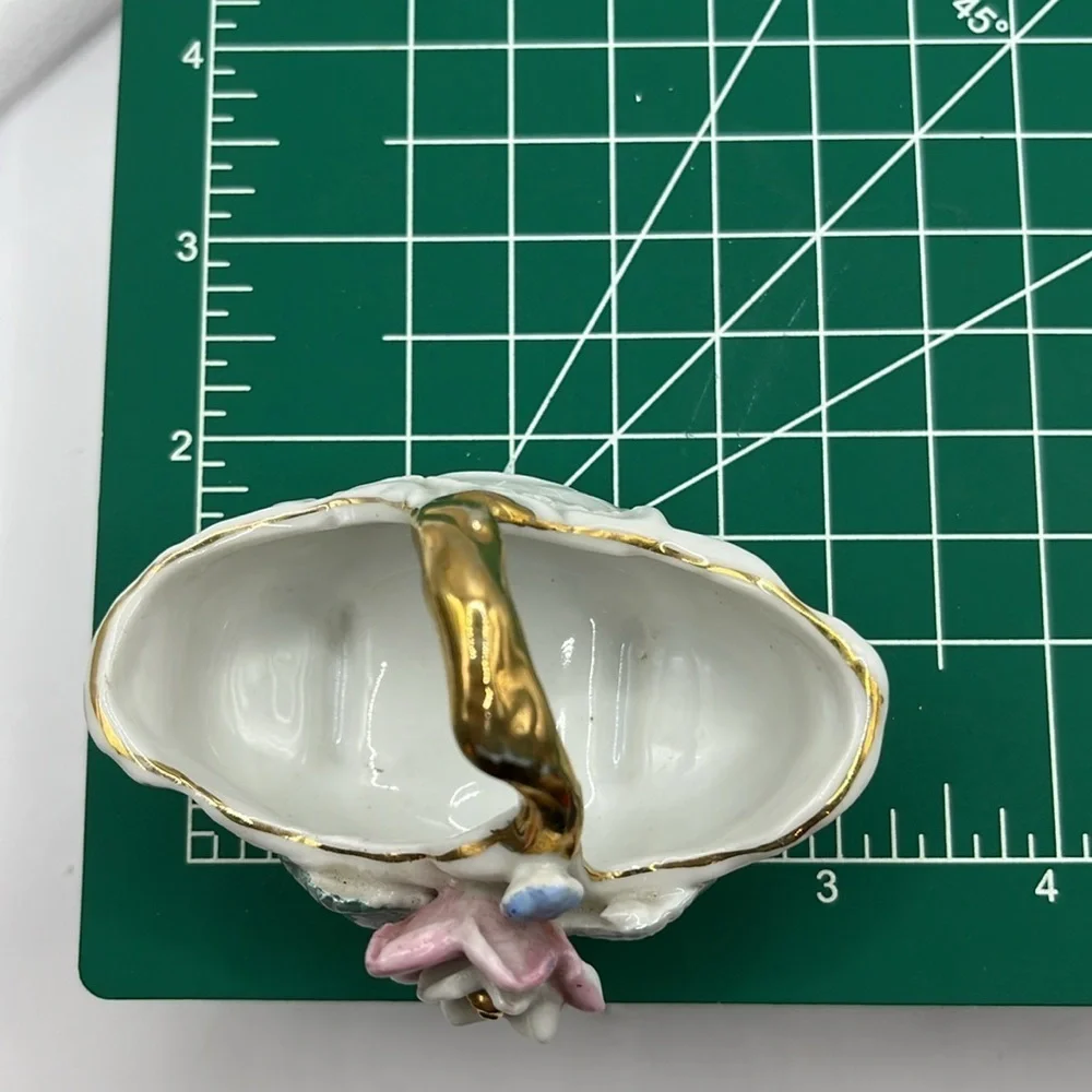Pink and Blue Floral Porcelain Basket Gold Tone Mini